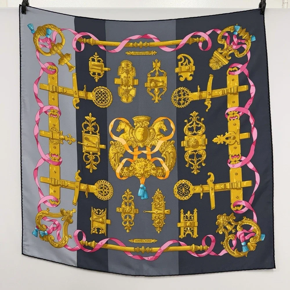 Hermes 100% Silk Scarf Ferronnerie By Caty Black Gray Gold Pink 25 1/2